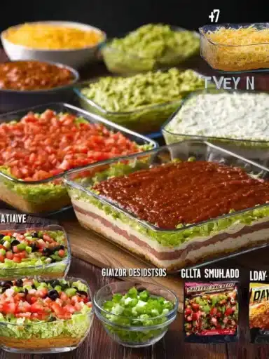 Colorful layered dip recipes served in a dish, perfect for parties and gatherings.