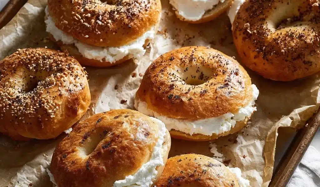 Freshly baked protein bagels stacked on a wooden table