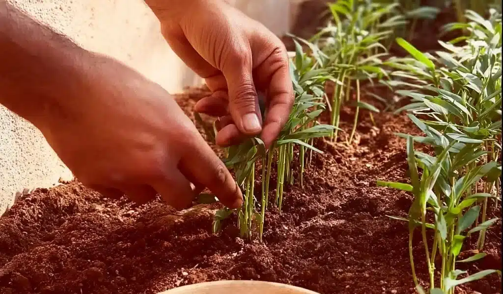 A gardening scene featuring a rooting agent to promote healthy plant growth.