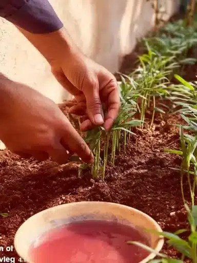 A gardening scene featuring a rooting agent to promote healthy plant growth.