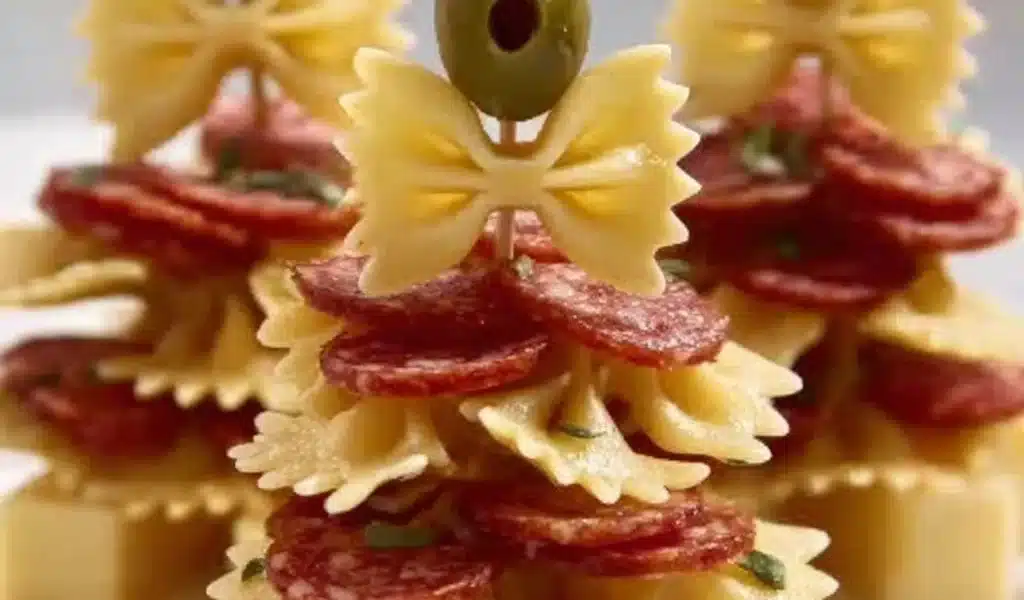 Delicious Salami and Olive Pasta appetizers served on a platter