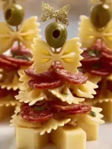 Delicious Salami and Olive Pasta appetizers served on a platter