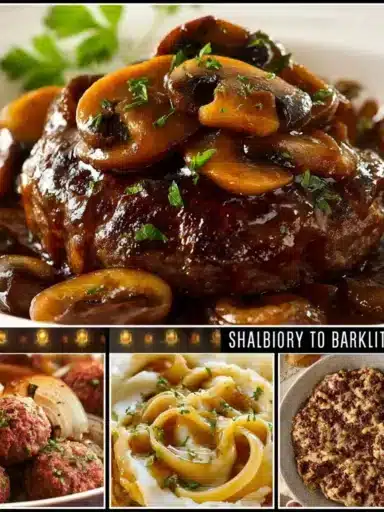Delicious homemade Salisbury steak served with gravy and mashed potatoes.