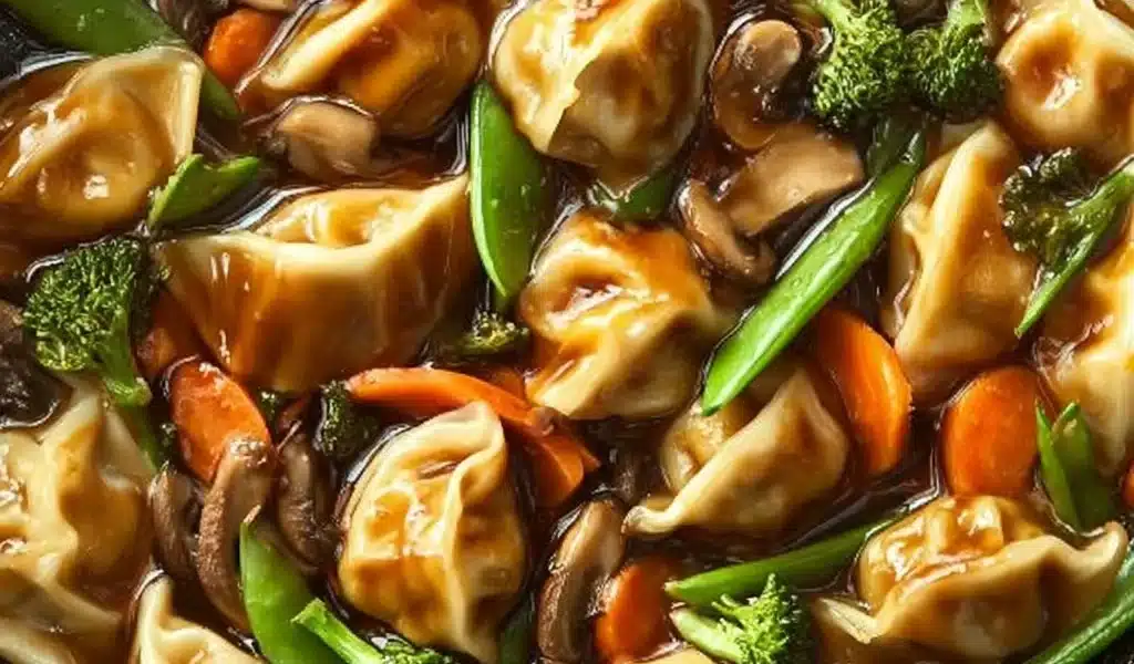 Savor the Flavor in This Quick Potsticker Stir Fry Recipe 5 Delicious potsticker stir fry dish with colorful vegetables and dipping sauce