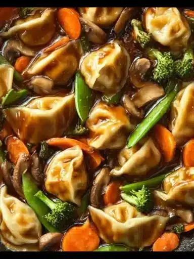 Delicious potsticker stir fry dish with colorful vegetables and dipping sauce