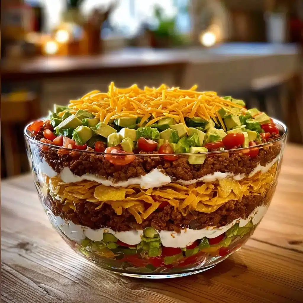 Seven-layer taco salad with fresh ingredients and vibrant toppings.