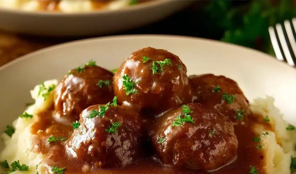 Delicious slow cooker Salisbury steak meatballs served on a plate with gravy.