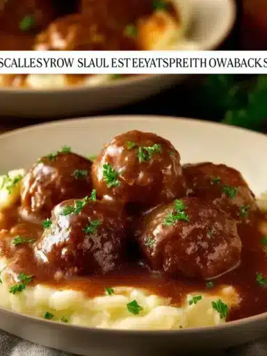 Delicious slow cooker Salisbury steak meatballs served on a plate with gravy.