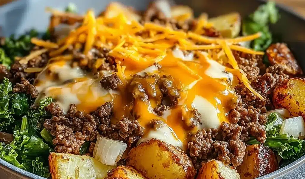 Smash burger bowl with fresh ingredients and toppings