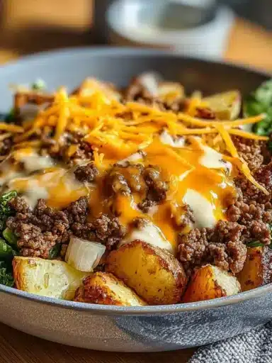 Smash burger bowl with fresh ingredients and toppings