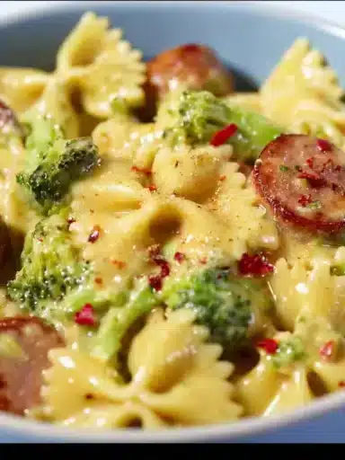 Smoked sausage cheddar pasta dish garnished with herbs