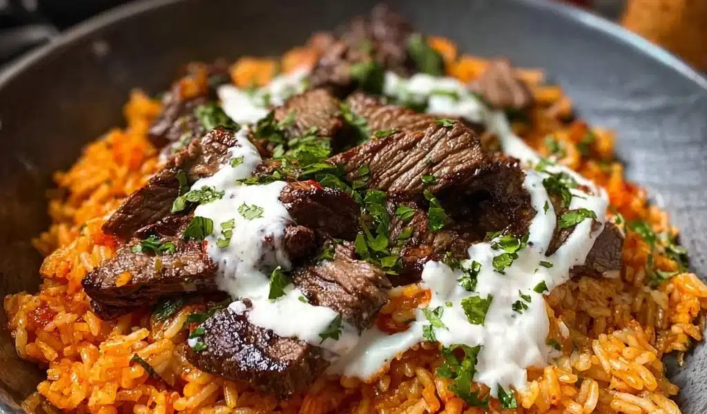 Steak Queso Rice: A Flavorful Recipe for Every Occasion 8 Delicious Steak Queso Rice topped with melted cheese and fresh herbs