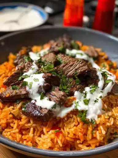 Delicious Steak Queso Rice topped with melted cheese and fresh herbs