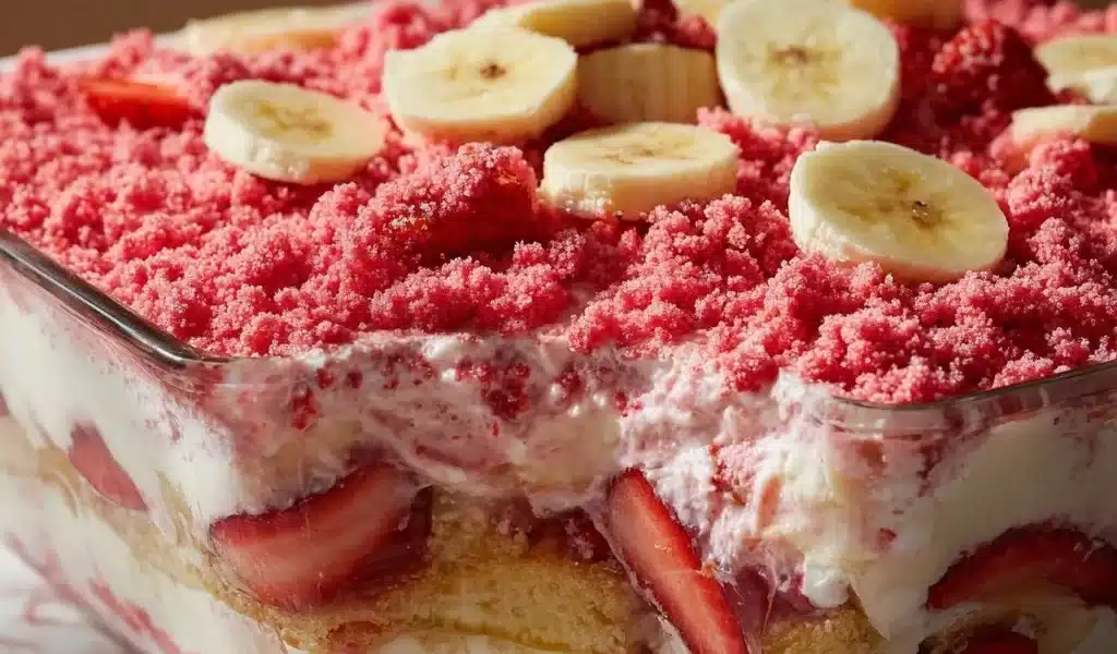 Delicious strawberry banana pudding in a glass dish topped with fresh strawberries and bananas