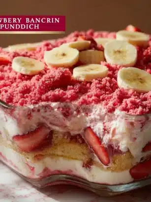 Delicious strawberry banana pudding in a glass dish topped with fresh strawberries and bananas