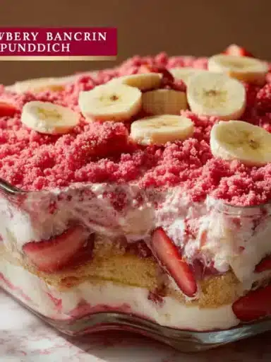 Delicious strawberry banana pudding in a glass dish topped with fresh strawberries and bananas
