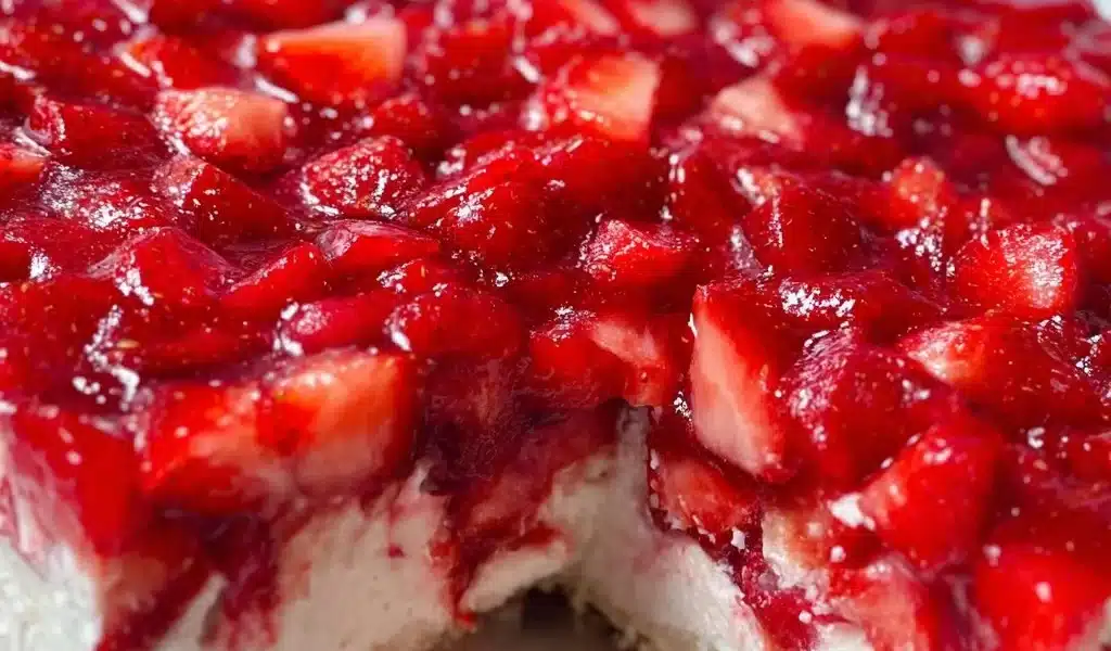 Delicious strawberry cheesecake poke cake topped with fresh strawberries and whipped cream