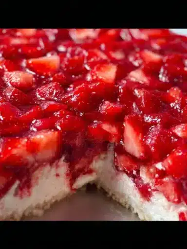 Delicious strawberry cheesecake poke cake topped with fresh strawberries and whipped cream
