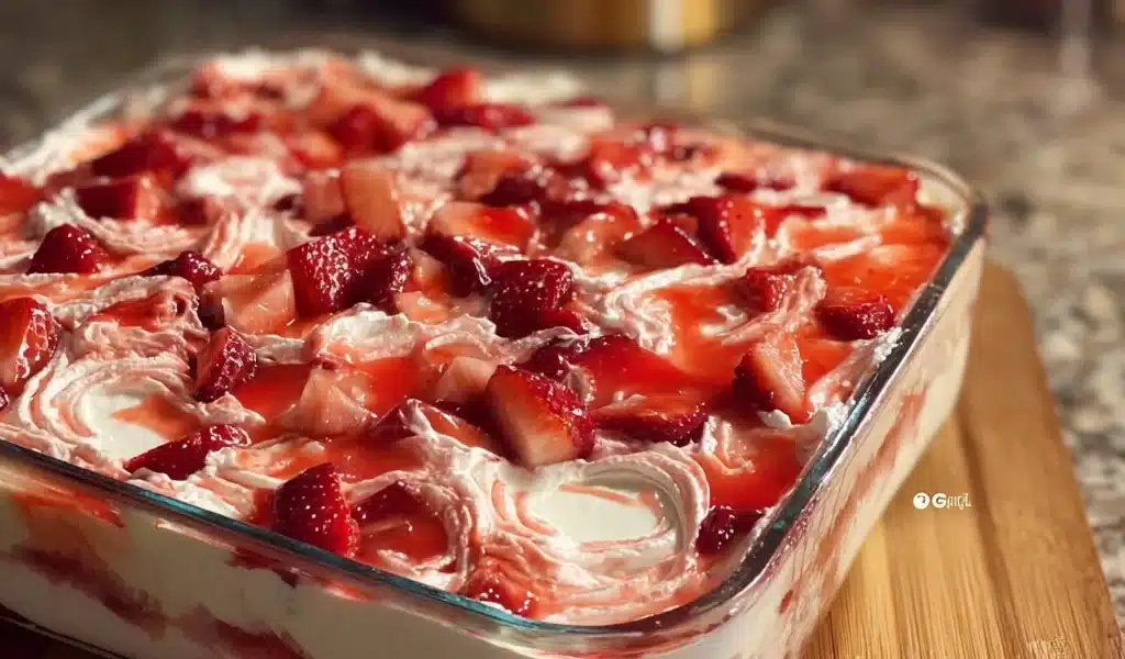 Delicious Strawberry Delight dessert topped with fresh strawberries and whipped cream.