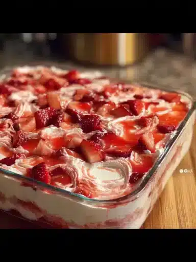 Delicious Strawberry Delight dessert topped with fresh strawberries and whipped cream.