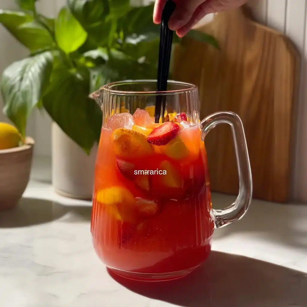 Refreshing glass of Strawberry Mango Lemonade garnished with fresh fruit.