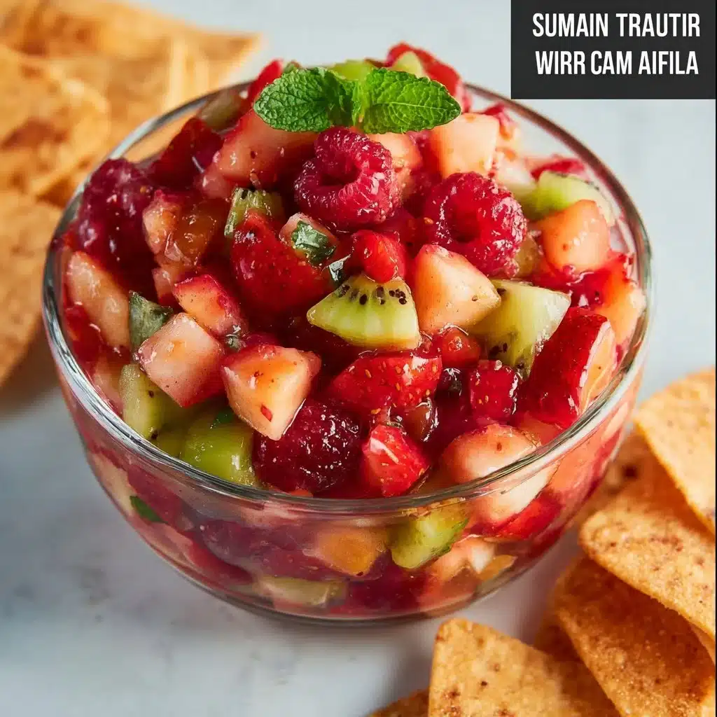 Sweet fruit salad with cinnamon sugar tortilla chips served in a bowl.