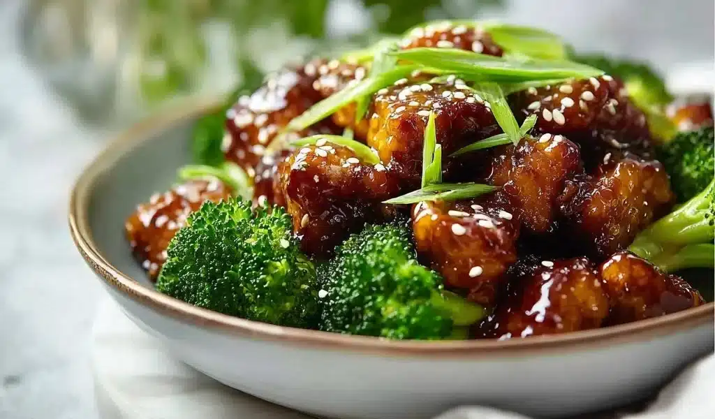 Sweet Sheet Pan Pineapple Chicken served with broccoli on a plate