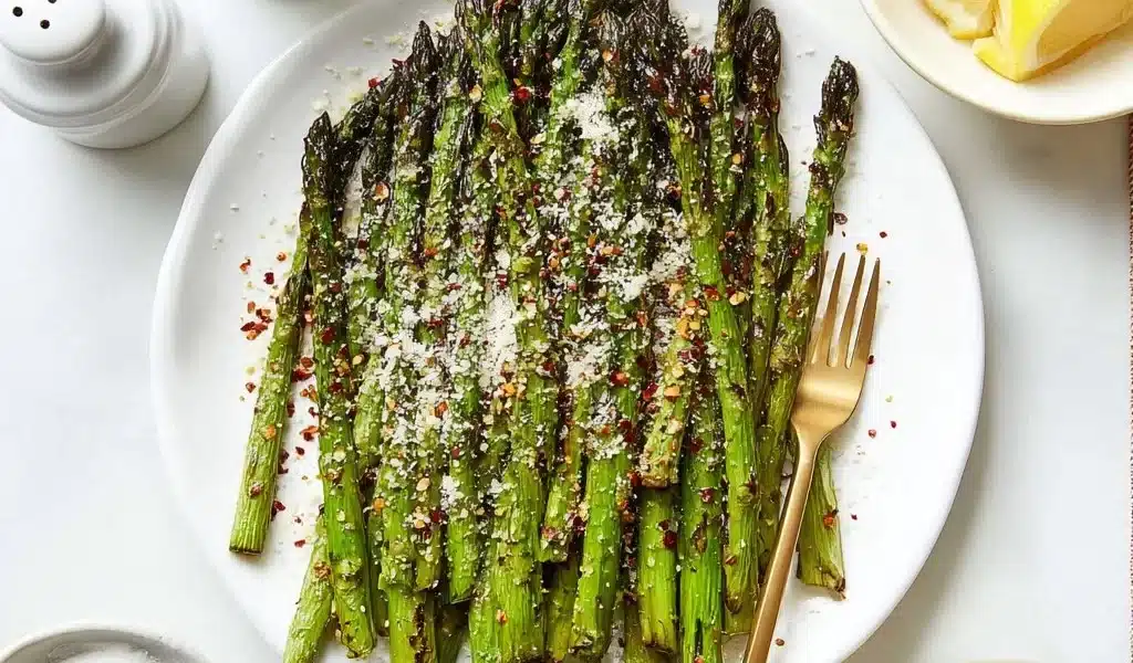 Crispy air fryer asparagus served on a plate with seasoning.