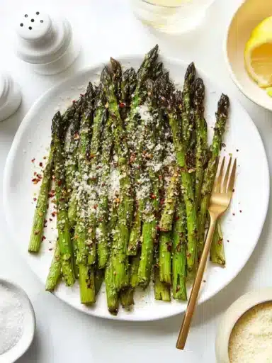 Crispy air fryer asparagus served on a plate with seasoning.