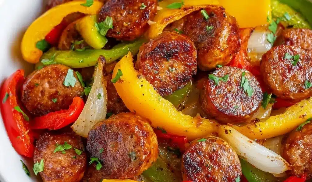 Air fryer sausage and peppers dish served in a colorful bowl, ideal for dinner.