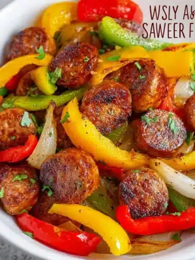 Air fryer sausage and peppers dish served in a colorful bowl, ideal for dinner.