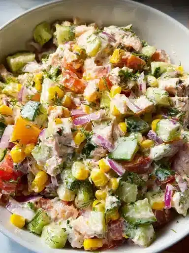 Delicious and healthy tuna salad served in a bowl with fresh ingredients.