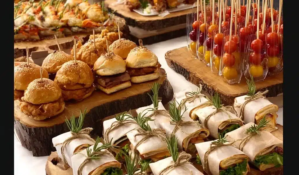 Delicious buffet food setup for parties featuring various dishes and party decor.