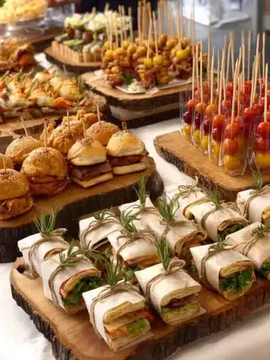 Delicious buffet food setup for parties featuring various dishes and party decor.