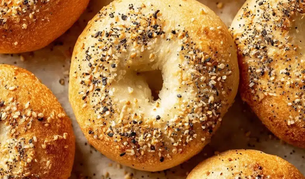 Air Fryer Bagels: Quick, Easy, and Delicious 6 Homemade Air Fryer Bagels fresh out of the air fryer with toppings