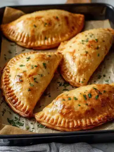 Delicious air fryer calzones ready to eat, served on a wooden board.