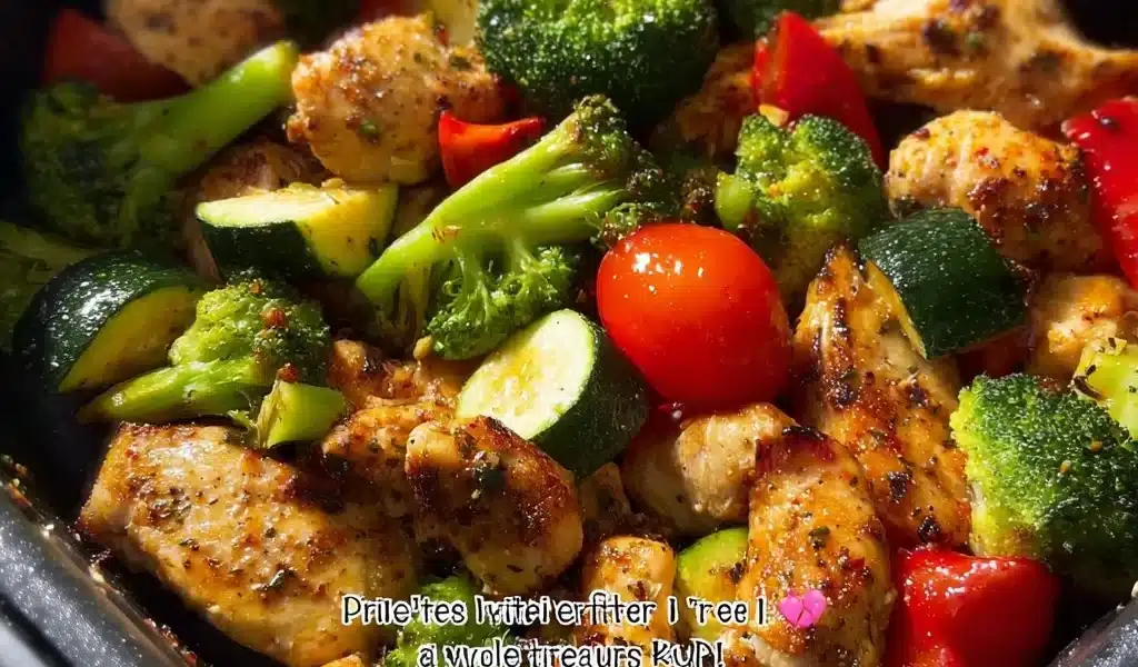 Air Fryer Chicken Breast with Vegetables, Broccoli, Zucchini, Bell Pepper, Keto, Weight Loss, Low Carb 8 Healthy air fryer chicken breast with broccoli, zucchini, and bell pepper.
