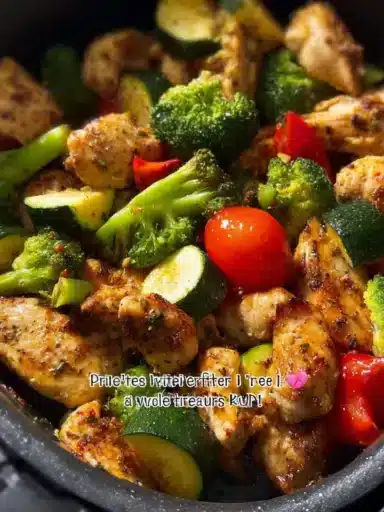 Healthy air fryer chicken breast with broccoli, zucchini, and bell pepper.
