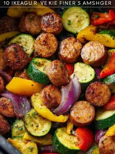 Air Fryer chicken sausage with colorful veggies in a healthy dish