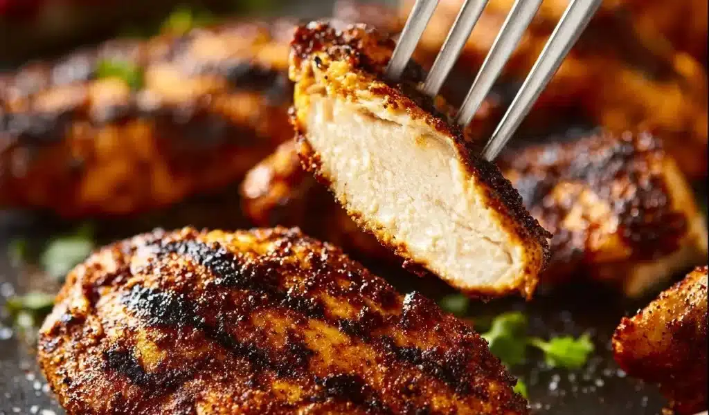 Air Fryer Grilled Chicken Breasts Recipe - Delicious and Easy 8 Air fryer grilled chicken breasts on a plate garnished with herbs