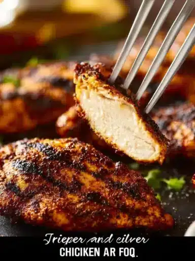 Air fryer grilled chicken breasts on a plate garnished with herbs