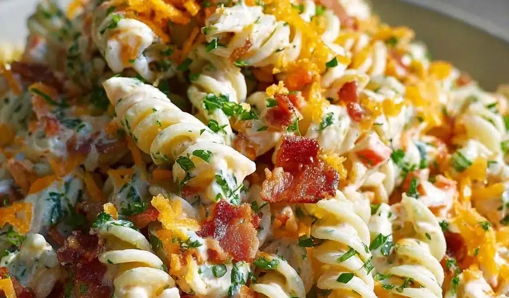Bacon Ranch Pasta Salad with fresh ingredients and creamy dressing