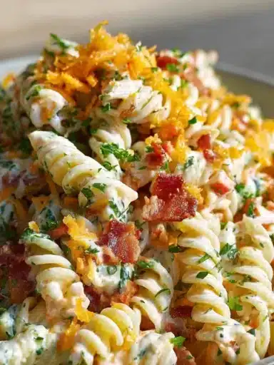 Bacon Ranch Pasta Salad with fresh ingredients and creamy dressing