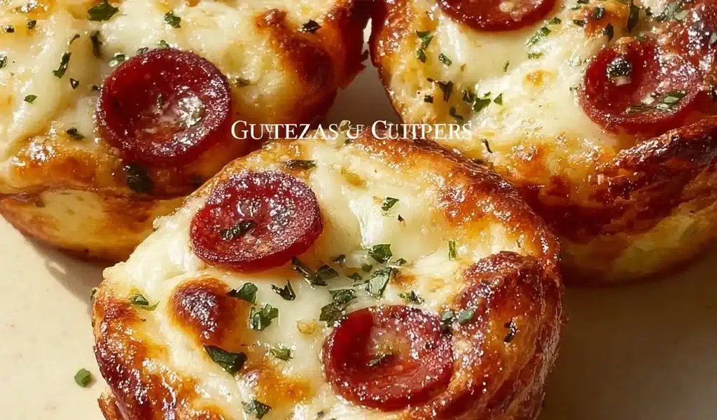 Biscuit Pizza Cups Recipe - Easy and Delicious Snack Idea 8 Biscuit pizza cups topped with cheese and pepperoni on a wooden table