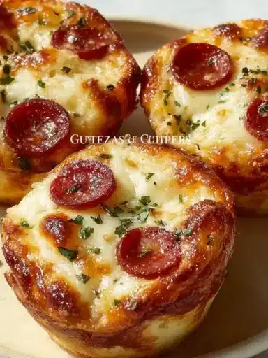 Biscuit pizza cups topped with cheese and pepperoni on a wooden table