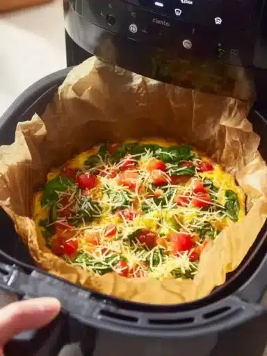 Delicious breakfast frittata with vegetables and cheese served on a plate