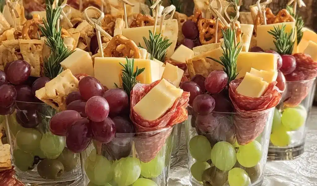 Charcuterie Cups 8 Delicious charcuterie cups with assorted meats, cheeses, and fresh fruits.