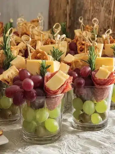 Delicious charcuterie cups with assorted meats, cheeses, and fresh fruits.