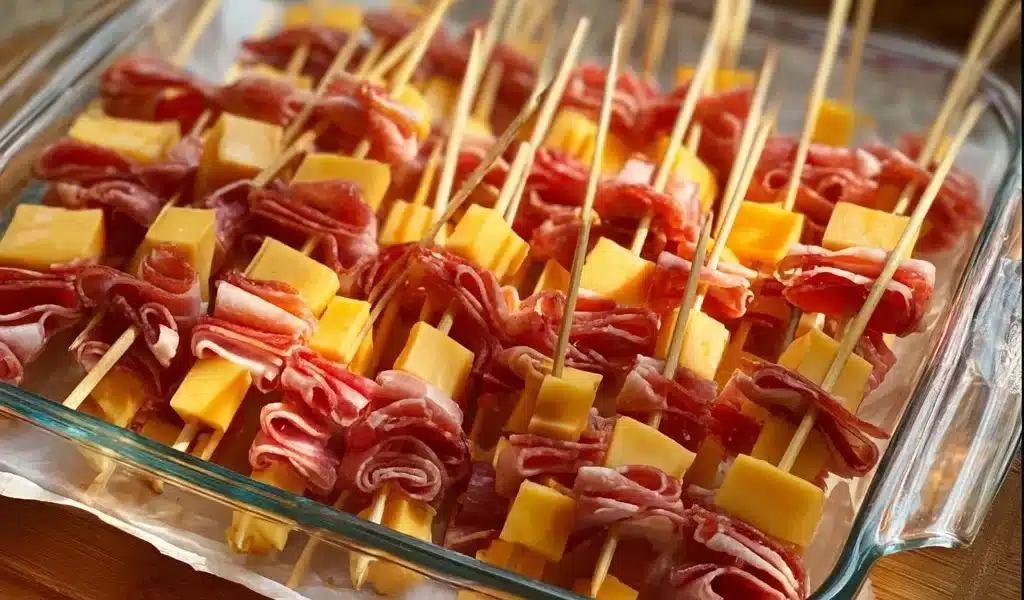 Charcuterie on a Stick: An Easy and Delicious Recipe 8 Delicious charcuterie on a stick featuring meats and cheeses.