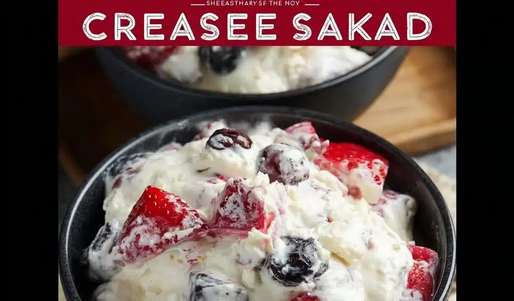 Delicious cheesecake salad with fresh fruits and creamy topping.